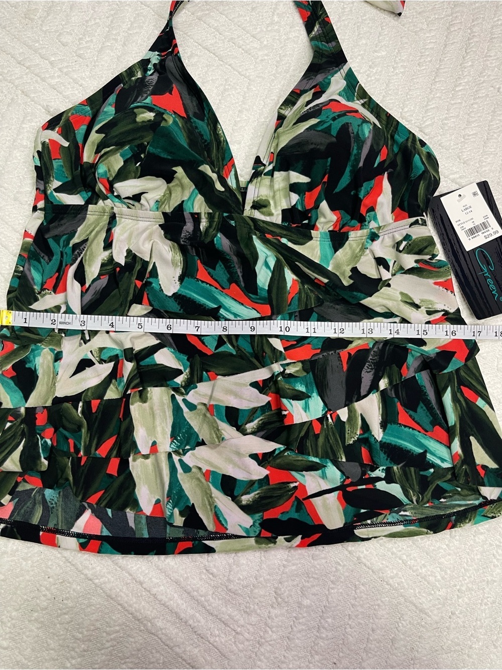 Aqua Green Black Tropical Print Swim Top with Green & Red - Picture 11 of 12